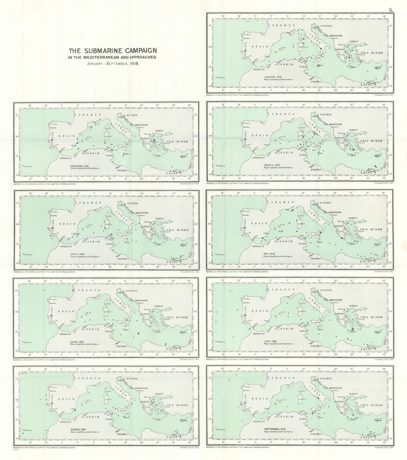 German U-Boat submarine campaign Mediterranean Jan-September 1918. WW1 1931 map